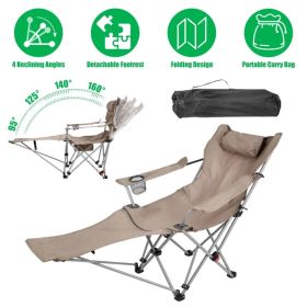 1Pc Reclining Camping Chair with Footrest 4-Position Adjustable Outdoor Folding Chair Heavy Duty Portable Camping Lounge Chair with Headrest Cup (Option: Khaki)
